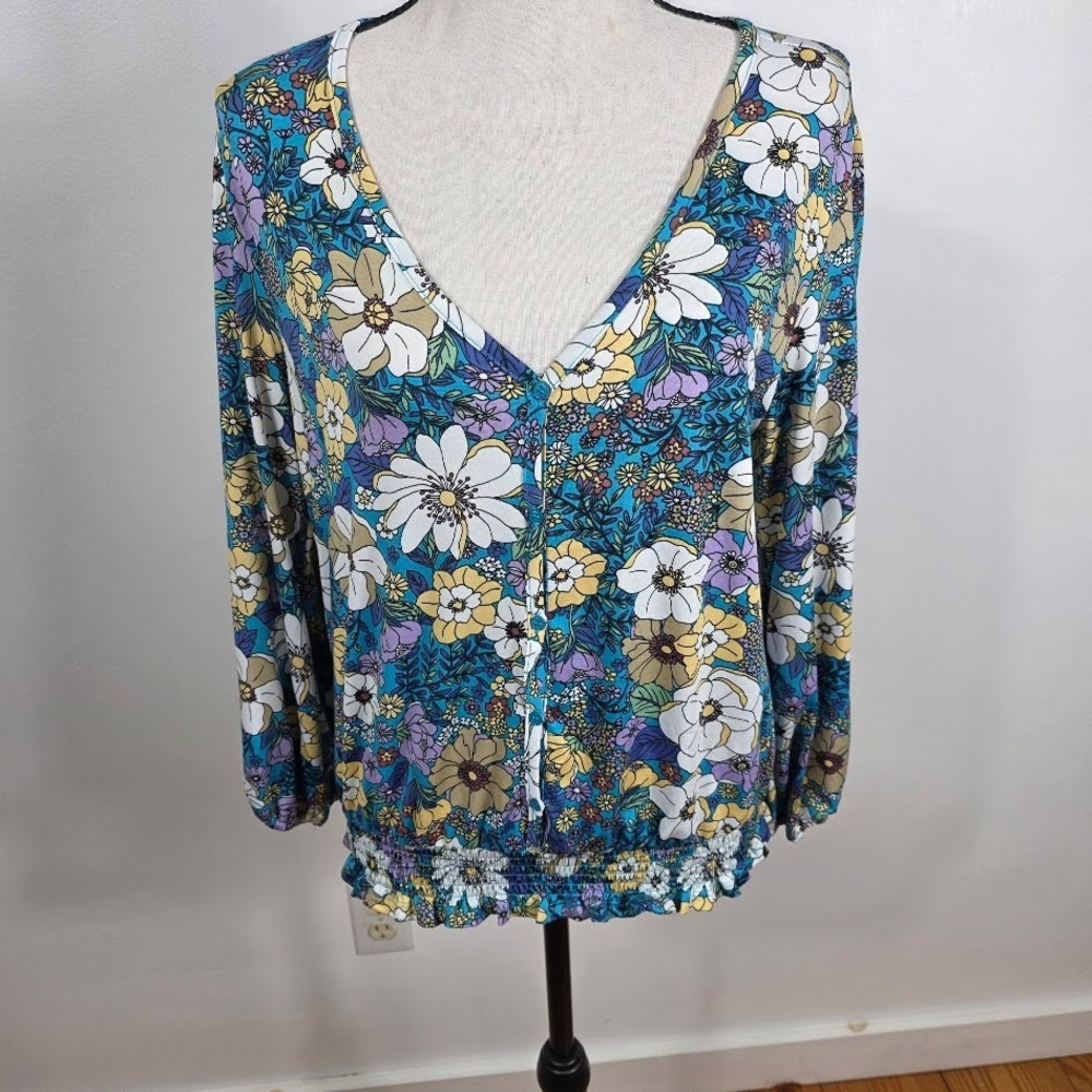 Eclair  Boho 70's  Long‎ Sleeve Hippie  Floral Print Smocked Hem M